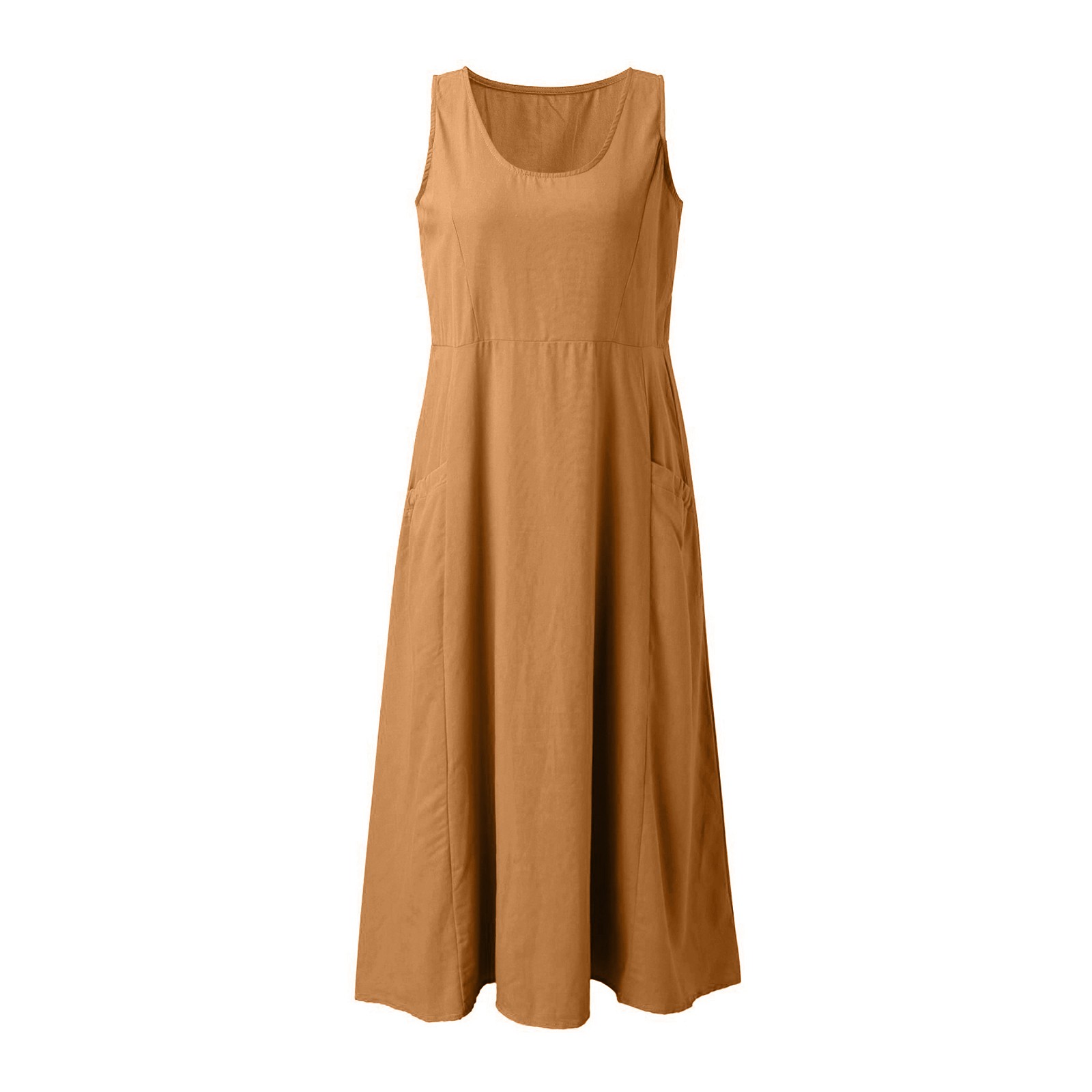 thumbnail image 2 of Vestido largo liso con cuello redondo y bolsillos para mujer: corte holgado informal, transpirable, adecuado para la playa, fiestas y el día a día, tallas S-XXL., 2 of 6